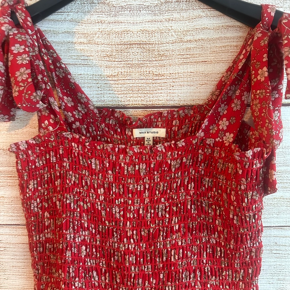 Max Studio Red and White Long Floral Smocked Dress - Picture 2 of 3